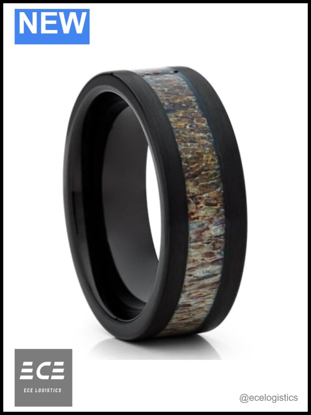 Tungsten Carbide Wedding Ring 8mm Comfort Fit Deer Antler Inlay Flat